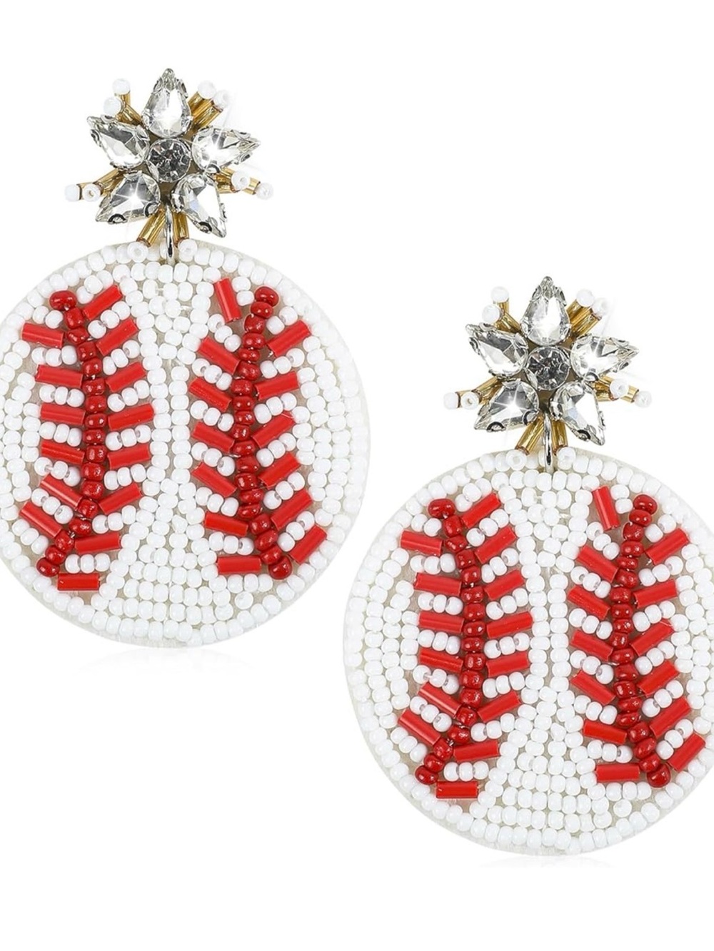 Beaded Baseball Stitch Dangle Earrings - White & Red